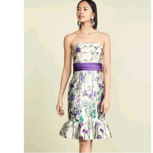 Marchesa Notte Dresses & Skirts - Marchesa Notte Erwina Strapless Floral Midi Dress Purple Bow Strapless Mermaid 8